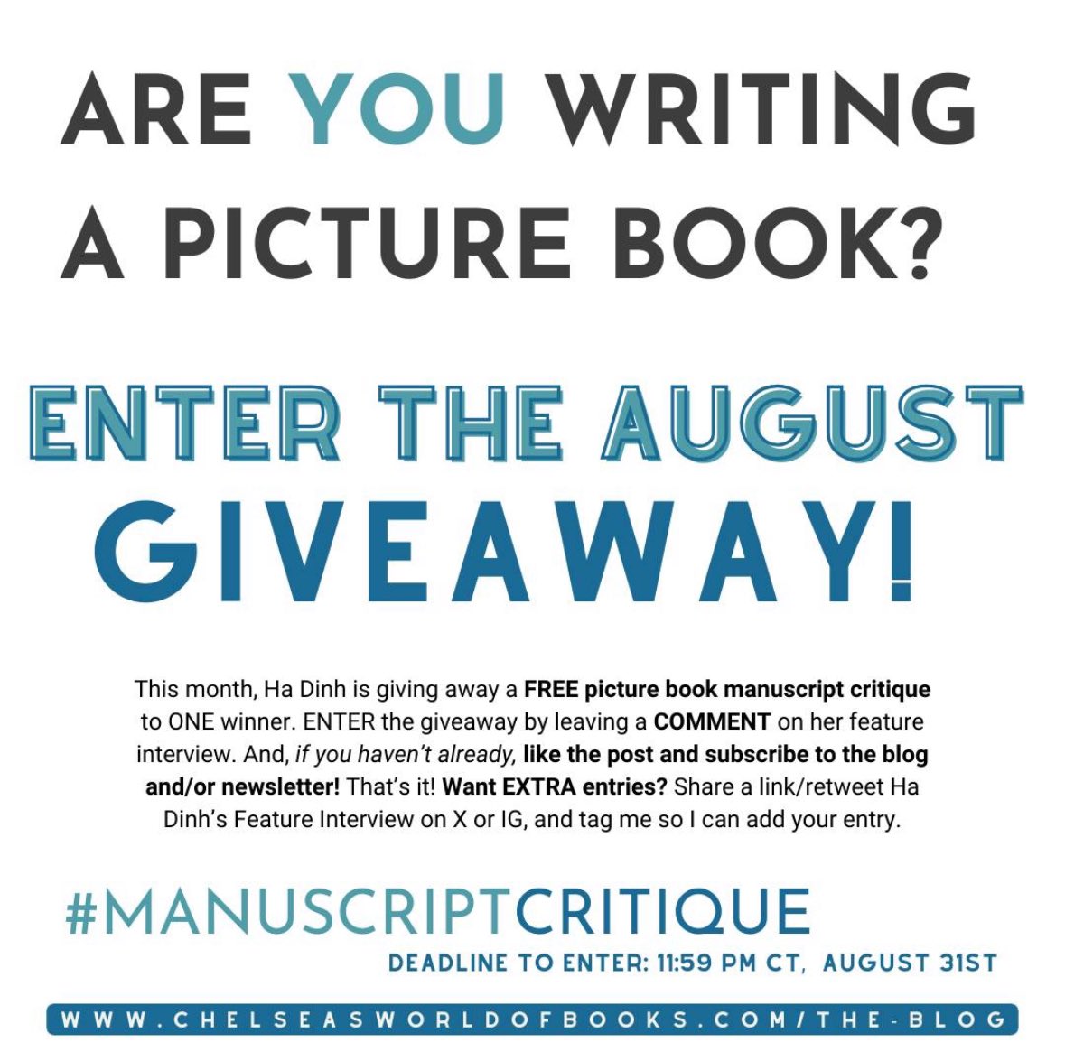 Are you writing a picture book? Enter the August giveaway for a chance to win a FREE PICTURE BOOK MS CRITIQUE from author Ha Dinh <a href="/HelloMrsDinh/">Hà Đinh</a> 

Comment at the link below to enter the giveaway!!👇🏻EXTRA entries for retweets.

chelseasworldofbooks.com/2024/08/07/aug…

#WritingCommmunity #Giveaway
