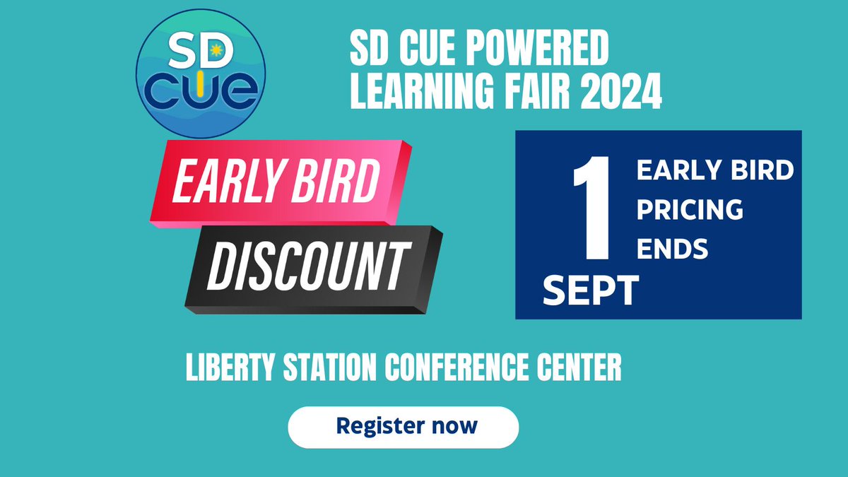 Get your early bird pricing for the AI for All themed SD CUE PL Fair on Oct 12th. Don’t miss the lineup of speakers including <a href="/TheJenRoberts/">Jen Roberts</a>, <a href="/SdTeaching/">Eric Cross</a>, and many more. bit.ly/sdcue24
#AIinEducation #FutureOfLearning #EdTech #SDCUE2024 #CUEmmunity @CUEinc
