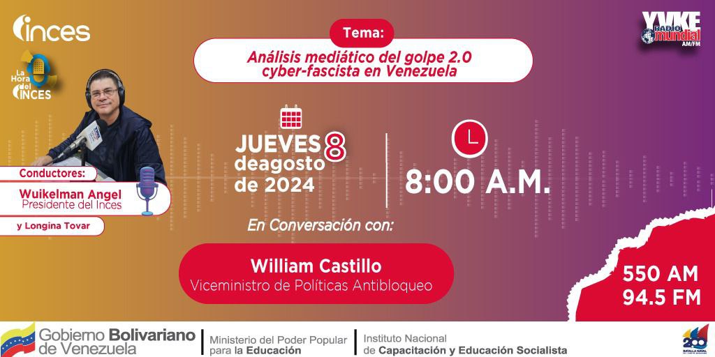Wuikelman Angel P. (@wuikelmanangelp) on Twitter photo Mañana #8Ago tendremos un tremendo programa con el viceministro de Políticas Antibloqueo, William Castillo.
Sintoniza <a href="/YVKE_Mundial/">YVKE Mundial</a>
8:00 am
#JusticiaSoberana Mañana #8Ago tendremos un tremendo programa con el viceministro de Políticas Antibloqueo, William Castillo.
Sintoniza <a href="/YVKE_Mundial/">YVKE Mundial</a>
8:00 am
#JusticiaSoberana