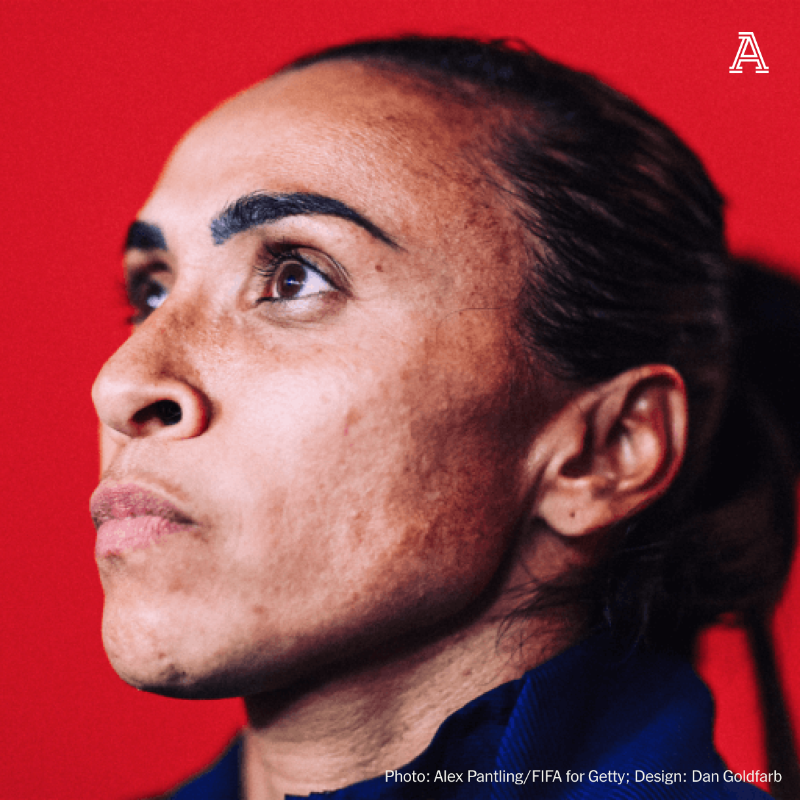 TheAthleticFC's tweet photo. After a reckless red card in the group stage, Marta was forced to watch Brazil will their way through the Olympics knockout rounds from the stands.

Her teammates honoured her with the ultimate gift: the chance to end her international career with a gold medal.

✍️ @itsmeglinehan