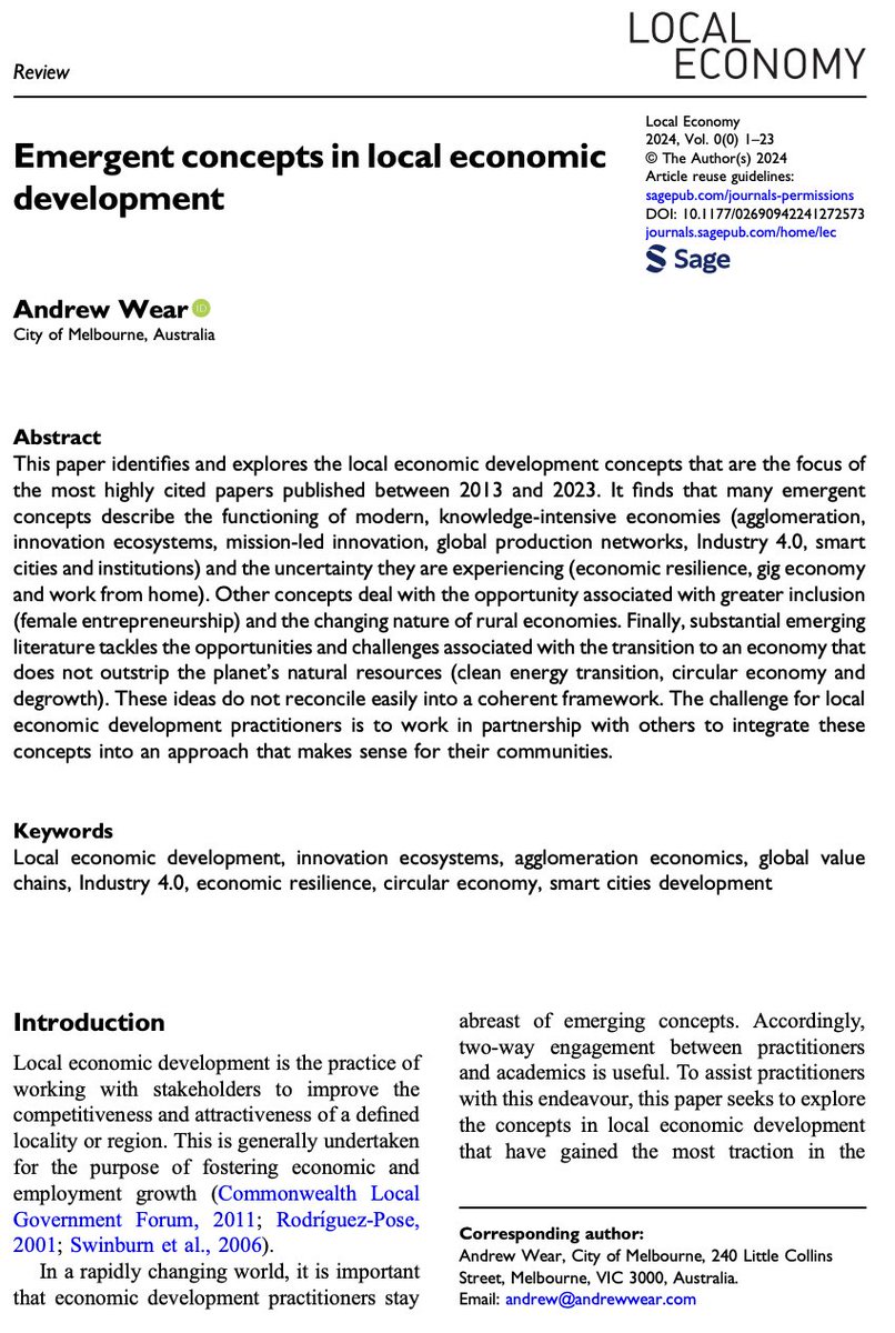 What does best-practice local economic development look like these days? I was curious to find out, and the result is my latest paper, just published in Local Economy. journals.sagepub.com/doi/10.1177/02…