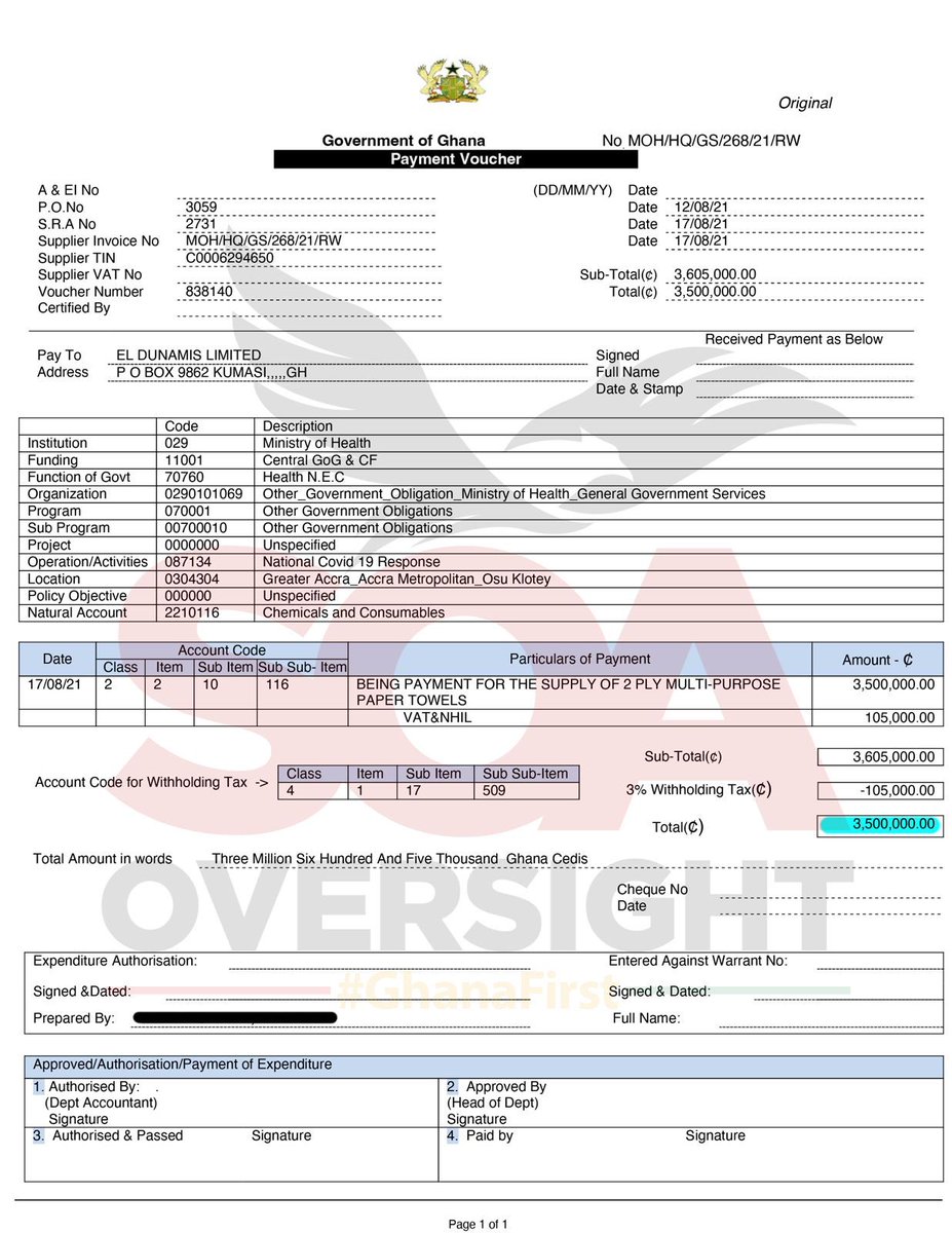 S_OkudzetoAblak's tweet photo. Technically, Rev. Victor Kusi Boateng’s declaration that he has never received a contract from the Akufo-Addo/Bawumia government even though he enjoys great friendship with the President and Vice is quite true.

From my unimpeachable tracking, all the Akufo-Addo/Bawumia government contracts have been awarded to Kusi Boateng’s second identity — which is Kwabena Adu Gyamfi. 

See attached evidence of government’s payment vouchers to two companies: EL Dunamis Limited and JNS Talent Centre Limited both owned by Kwabena Adu Gyamfi. 

The two companies were paid a total of GHS7million (GHS3.5million each) for the supply of paper towels to the Ministry of Health in 2021. 

JNS Talent received payment from government on 23rd July, 2021. 

EL Dunamis was also paid by government on 17th August, 2021 for the supply of tissues. 

I can’t imagine how GHS7million worth of tissues look like. 

Interestingly, both contracts were single-sourced. 

Obviously, if diligent parliamentary oversight had not exposed his criminal double identity scheme, this is how he would have gotten away by deceiving many with such dishonest sermons and contract-induced prophecies. 

May God have mercy on humankind. 

For God and Country. 

Ghana First 🇬🇭
