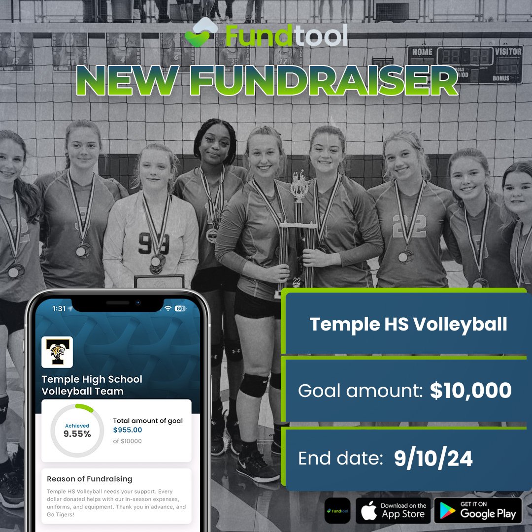 The Temple HS Volleyball team is serving up their upcoming season with a new fundraiser🐯🏐

The Tigers are aiming to raise $10,000 for essential expenses like in-season travel, uniforms, and equipment. 

Support The Tigers today ➡️: fundtool.io/home/483U1416