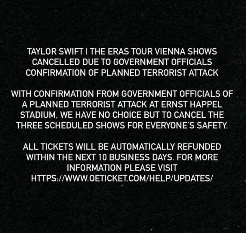 Wiedeńskie koncerty odwołane ze względu na ryzyko zamachów terrorystycznych. Jeśli jesteście w Wiedniu, uważajcie na siebie! Unikajcie dużych skupisk ludzi u wracajcie bezpiecznie do domu 🫶😔
#ViennaTSTheErasTour