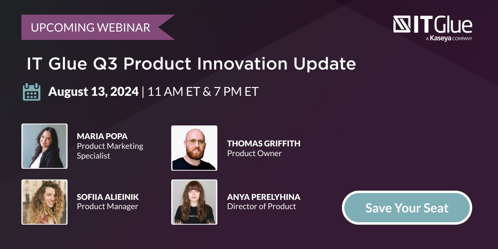itglue's tweet image. Join us for the IT Glue Quarterly Product Update Webinar on August 13th to explore exciting new features, integrations, and our product roadmap, including insights into IT Glue Copilot. 

Register here: bit.ly/3OEGVCB

#ITGlue #ProductUpdate #Webinar #ITDocumentation