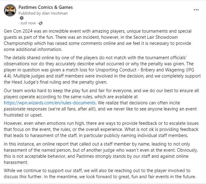 Statement regarding SLS Championship at Gen Con