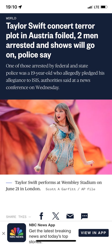 Scarletsinners's tweet photo. Breaking : Terrorist plot aimed at Taylor Swift concert in Vienna Austria prevented.
Officials disclosed that ISIS-affiliated terrorists intended to detonate explosives, possibly at one of the three Taylor Swift shows happening in Vienna this weekend. 🚨 https://t.co/Fag7cuF1oe