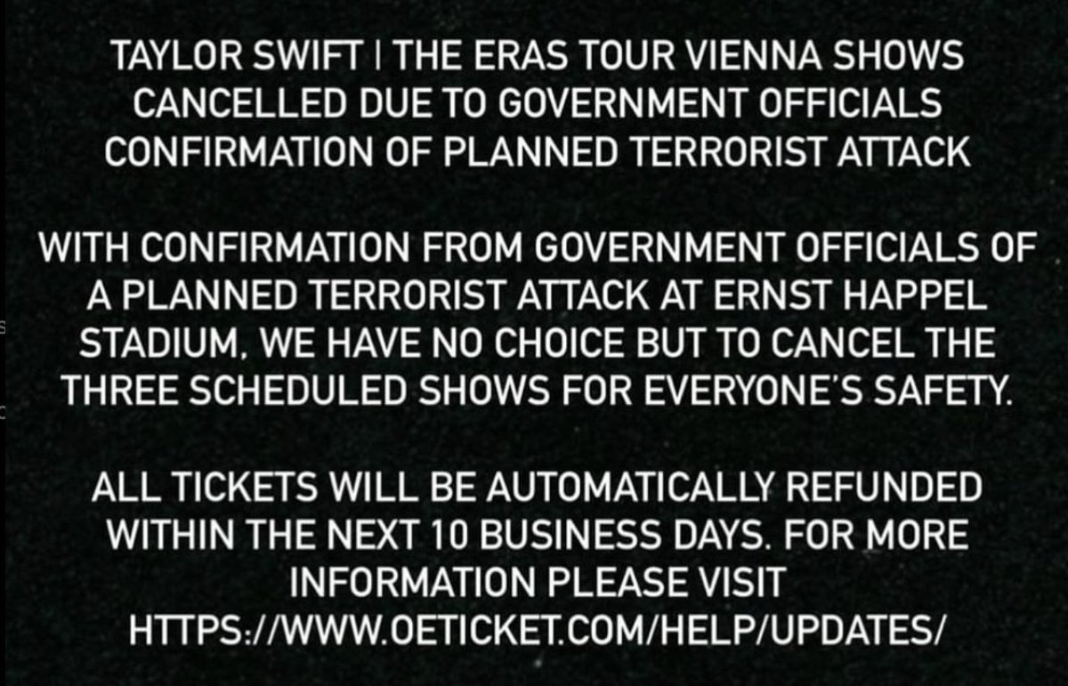 Scarletsinners's tweet photo. Breaking : Terrorist plot aimed at Taylor Swift concert in Vienna Austria prevented.
Officials disclosed that ISIS-affiliated terrorists intended to detonate explosives, possibly at one of the three Taylor Swift shows happening in Vienna this weekend. 🚨 https://t.co/Fag7cuF1oe