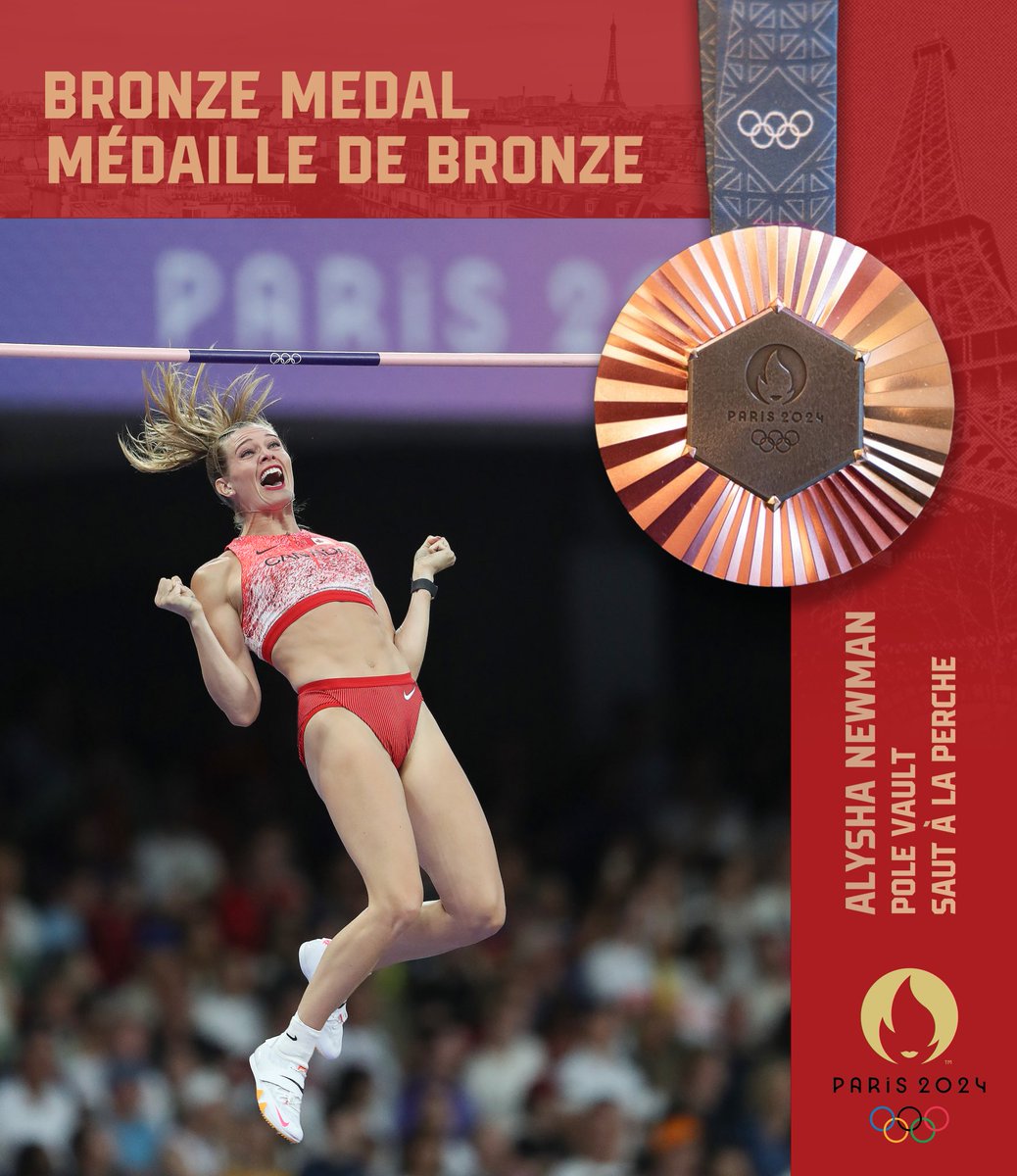 ALYSHA NEWMAN SOARS TO BRONZE!! 🥉✨

The pressure didn’t get to Newman in her first #Olympic final as she raised the bar to 4.85m, earning a spot on the podium for 🇨🇦!

📸: Claus Andersen