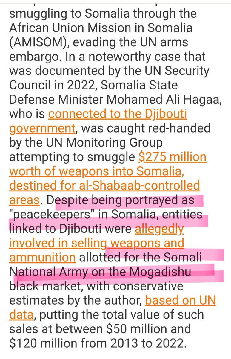GuledWiliq's tweet photo. The audacity of the Djibouti government proclaiming their intention to provide peacekeeping forces to Somalia during the AU's new phase is simply mind-boggling. How can they possibly ignore the overwhelming evidence of their own forces, operating under AMISOM, shamefully selling weapons on the black market in Somalia, aiding in money laundering and financing terrorism for groups such as pirates, Al-Shabaab, and the Houthis in Yemen? The African Union must seriously reconsider their decision to entrust Djibouti with the role of "peacekeepers" in Somalia.
