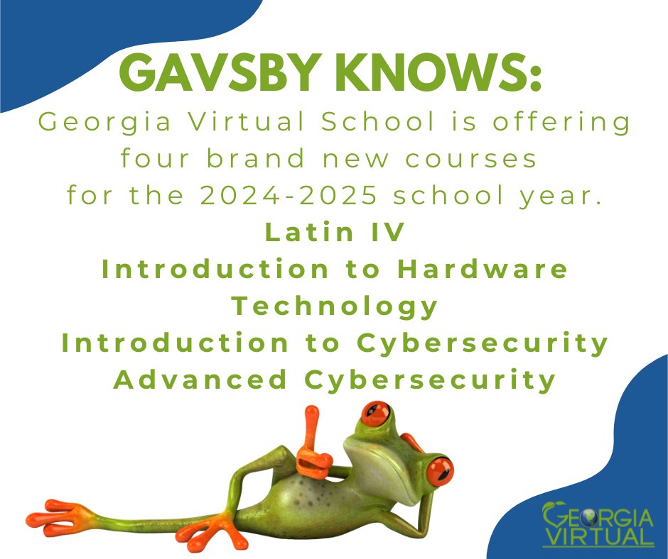 The Georgia Virtual School mascot Gavsby knows that GaVS is offering four brand new courses for the 2024-2025 school year.

Learn more about the specific courses that are offered at gavirtualschool.org/Course-Info/Fa… visit gavs.geniussis.com/PublicWelcome.… to sign up.