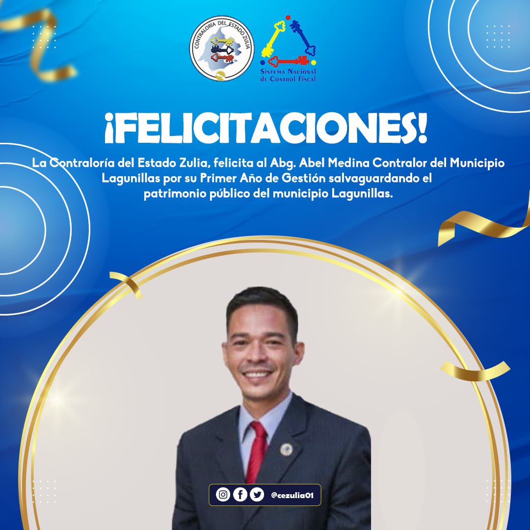 La Contraloría del Estado Zulia, encabezada por el Abg. Jeffry Leal Jiménez, felicita al Contralor del Municipio Lagunillas, Abg. Abel Medina  por cumplir 1año de gestión, salvaguardando el patrimonio público del municipio Lagunillas.
@cgrvenezuela