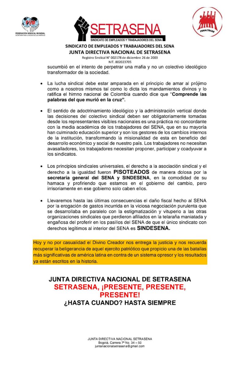 SetrasenaS's tweet photo. Gran victoria de los derechos sindicales en el SENA, en contra de la acción Dolosa de SINDESENA y la Administración del SENA asolapados en el malicioso y canibalesco decreto 243 del 2024. El cual fue derogado por decisión judicial. https://t.co/p02rgsF02C