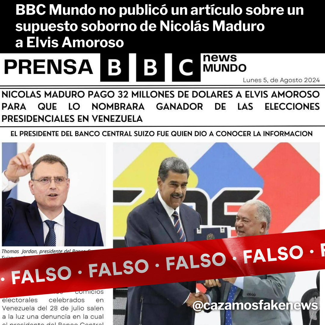 BBC Mundo no publicó un artículo sobre un supuesto soborno de Nicolás Maduro a Elvis Amoroso

La imagen suplanta la identidad gráfica del consorcio británico de medios de comunicación, quienes desmintieron la desinformación. También circula en formato video.

A pesar de que