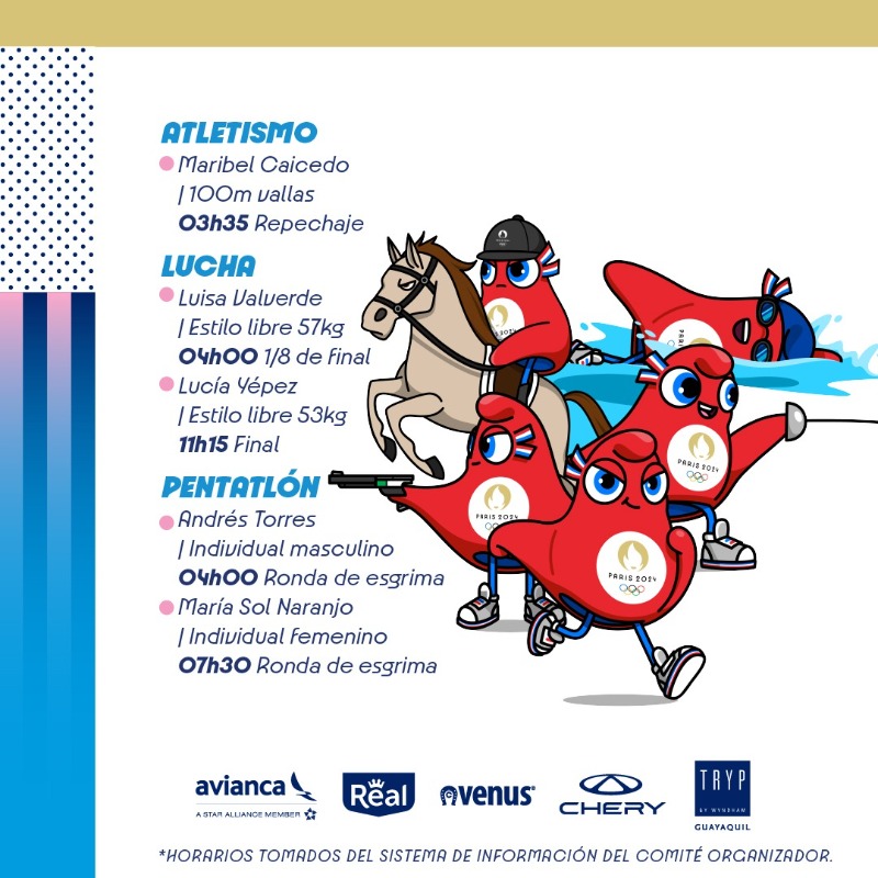 ECUADORolimpico's tweet photo. 🗓 Te dejamos el cronograma de competencias del #TeamEcuador🇪🇨🙌 para este jueves 8 de agosto en los Juegos Olímpicos París 2024