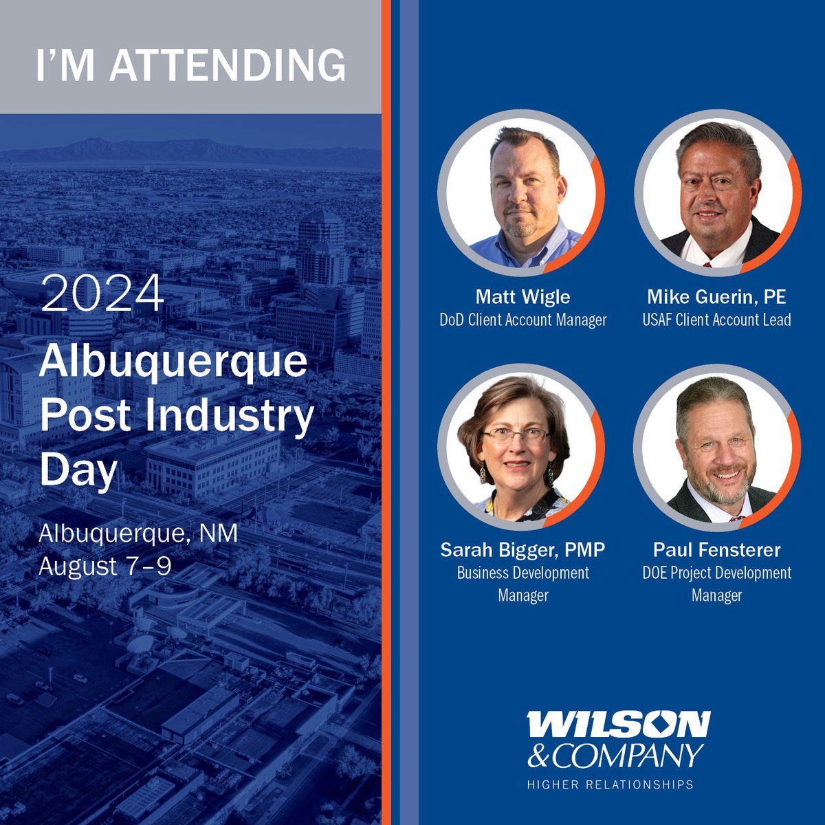 WilsonCoInc's tweet image. Meet our team at SAME Albuquerque Post Industry Day👋

Stop by our booth to meet our experts, Sarah Bigger, Paul Fensterer, Michael Guerin and Matt Wigle, and learn more about our federal services.
We look forward to meeting you!
#networking #2024conference