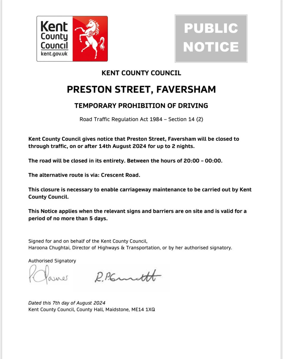 ⚠️Urgent Road Closure - Preston Street, Faversham - 14th August 2024 (Swale) It will be necessary to close Preston Street, Faversham from 14th August 2024 for up to 2 nights. Between the hours of 20:00 – 00:00. This is to enable yellow lines to be painted by Kent County Council