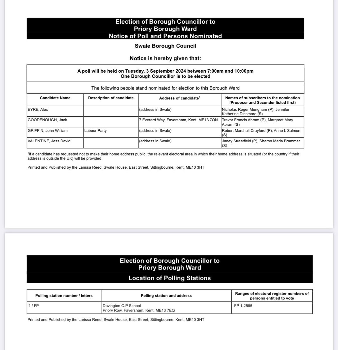 By-election in Priory Ward for Swale Borough Council on Tuesday 3rd September