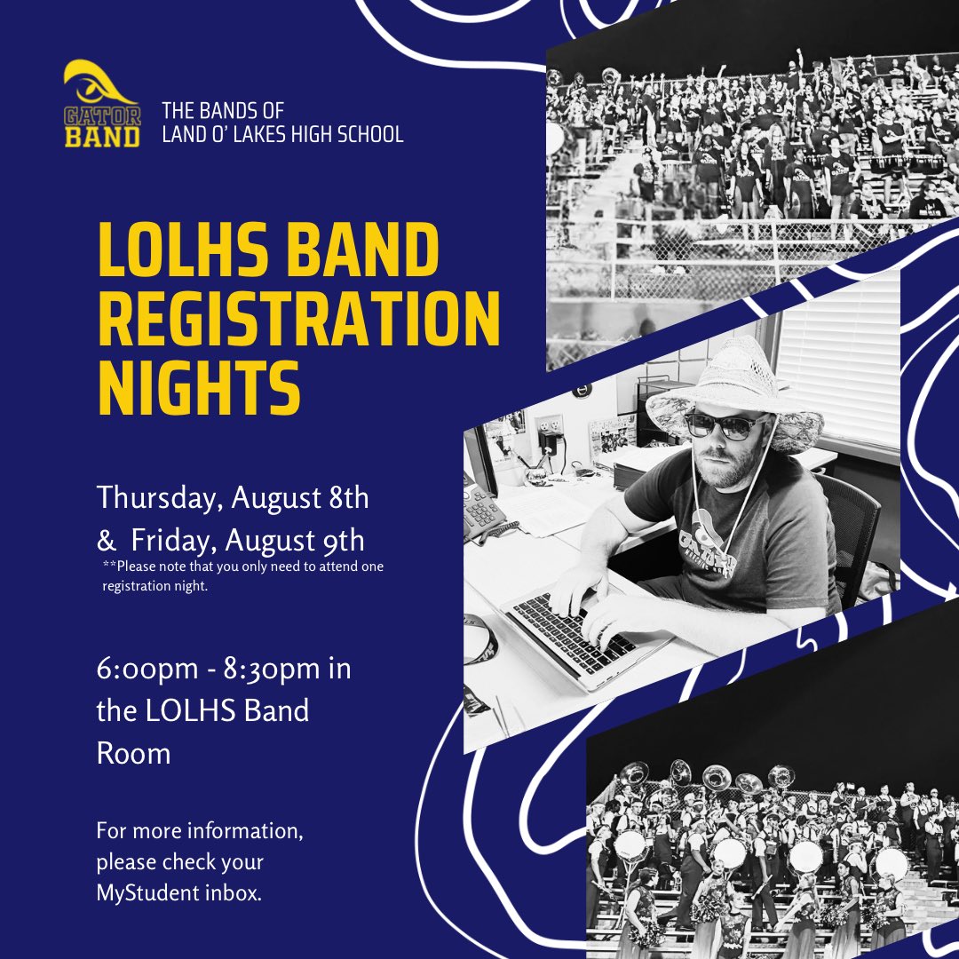 LOLHSband's tweet photo. And we’re back! See you tomorrow night or Friday night for Band Registration! Check your MyStudent inbox for additional details. 💙💛🎶🐊#lolhsbandfam https://t.co/oLhLQ4rBzh