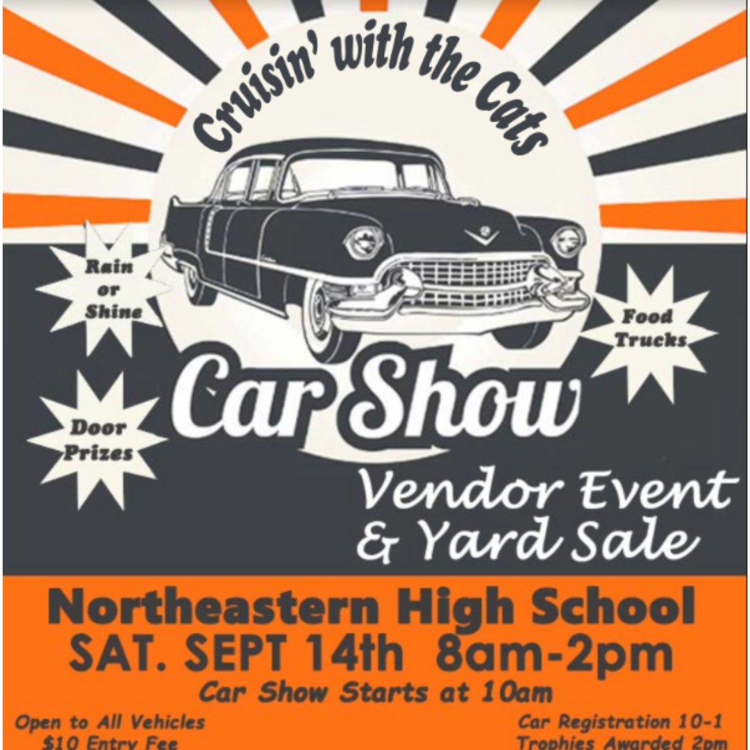 Northeastern Bobcats (@nesd) on Twitter photo The NHS Cheerleaders invite you to the Cruisin' with the Cats Car Show!
Saturday, Sept 14
Northeastern High School
8:00am - 2:00pm
To reserve a car or vendor space, please see the full details for registration here - bit.ly/2024CarShowReg…
Questions? rentzell@nebobcats.org. The NHS Cheerleaders invite you to the Cruisin' with the Cats Car Show!
Saturday, Sept 14
Northeastern High School
8:00am - 2:00pm
To reserve a car or vendor space, please see the full details for registration here - bit.ly/2024CarShowReg…
Questions? rentzell@nebobcats.org.