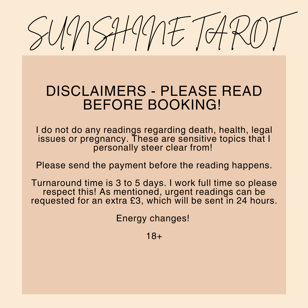 sunshinetarot11's tweet photo. LIST OF TAROT SERVICES 🧙‍♀️🪄🌜🌧️🌹

Hi all! 

You can call me Sunny 🌞

I'm a tarot reader from the UK who would love to offer my services to you! 

Please find all information below, including my disclaimers and FAQs

Much love! 🫶

#tarot #tarotreader #tarotreading https://t.co/EbktatTtU0