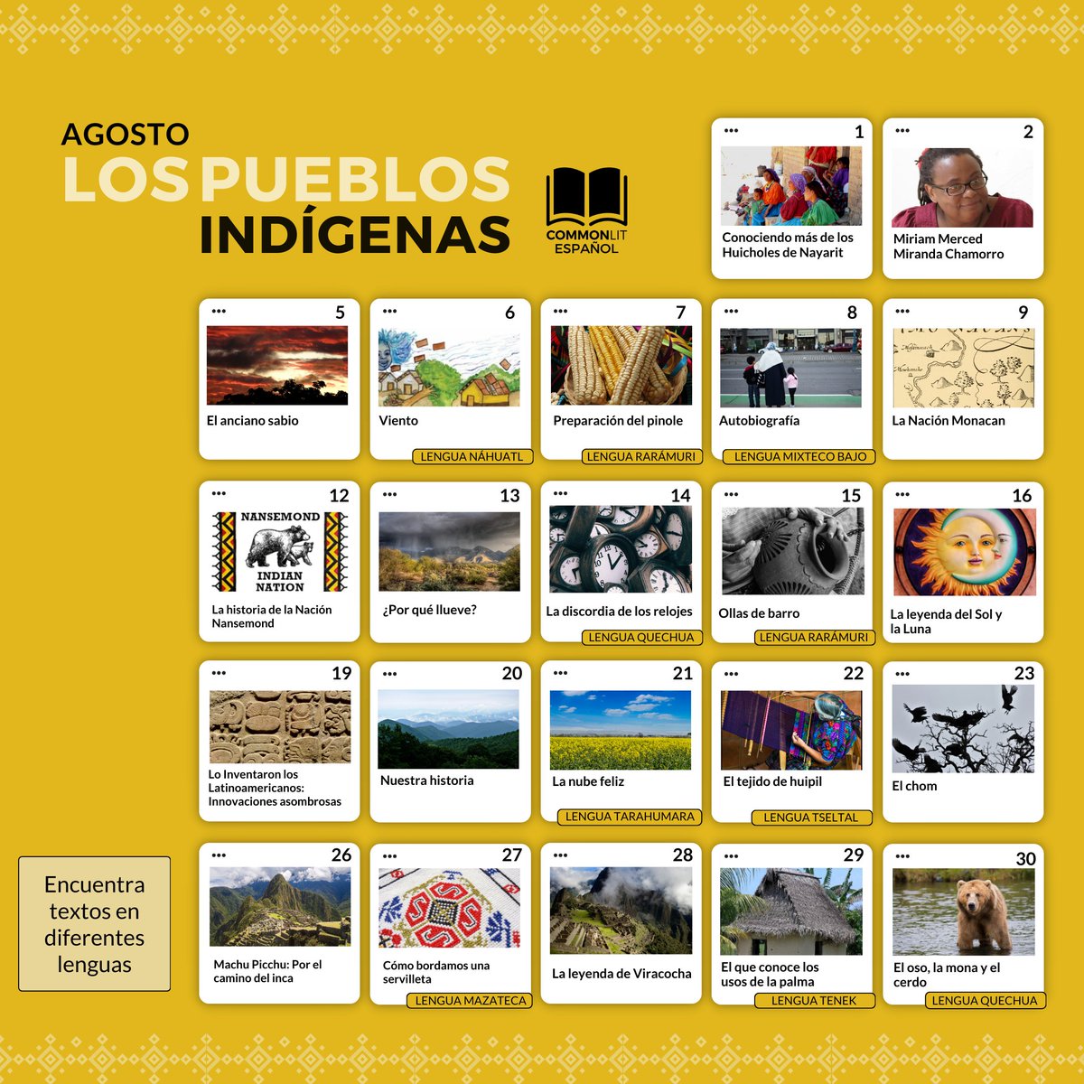 CommonLitES's tweet image. ¡Regresamos con nuevo calendario!
🏜️🏞️Agosto, mes de los Pueblos Indígenas.
Enriquece el aprendizaje con textos e invita a descubrir la diversidad cultural que nos rodea.
Ingresa a 👉 bit.ly/3yxihiz

#DualLanguage #Teachers #Calendarioagosto #Indígenas