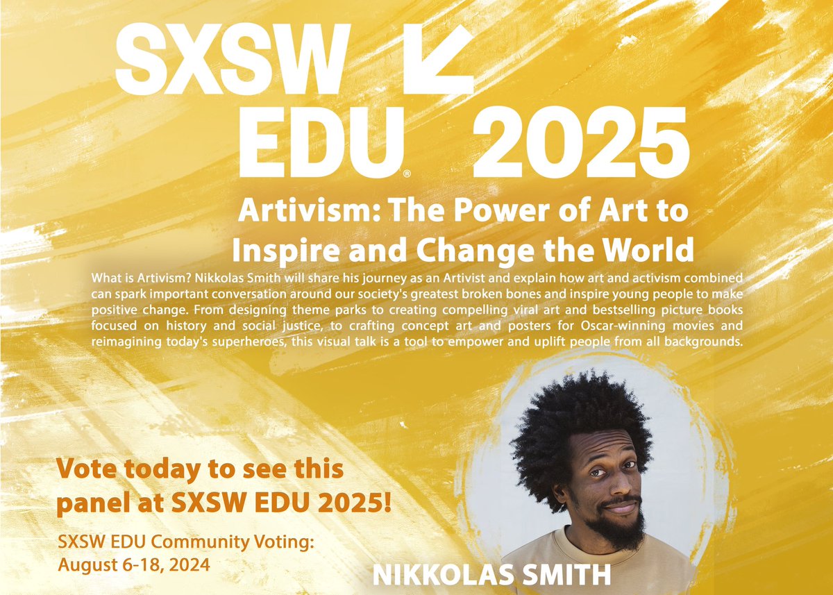 4NIKKOLAS's tweet photo. Vote today until August 18th to see me speak about #Artivism at #SXSWEDU 2025! Create an account and vote here: 
https://t.co/Lw83a8uv2f https://t.co/mi7T0UTkro