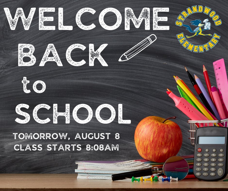 Strandwood El (@strandwoodel) on Twitter photo Welcome back, Strandwood Families! We can't wait to see you tomorrow. 1st-5th grade and TK/Kinder early friends start at 8:08am. TK/Kinder late friends start at 10:20am! Go Roadrunners! <a href="/MtDiabloUSD/">MDUSD</a> <a href="/mraclark29/">Dr. Adam Clark</a> <a href="/demartini_e/">Erin DeMartini</a> Welcome back, Strandwood Families! We can't wait to see you tomorrow. 1st-5th grade and TK/Kinder early friends start at 8:08am. TK/Kinder late friends start at 10:20am! Go Roadrunners! <a href="/MtDiabloUSD/">MDUSD</a> <a href="/mraclark29/">Dr. Adam Clark</a> <a href="/demartini_e/">Erin DeMartini</a>