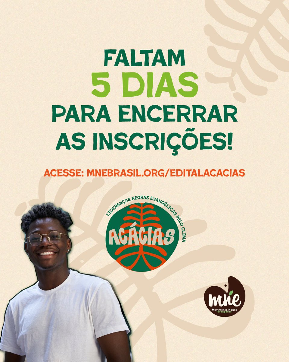 🚨 Contagem Regressiva! 🚨

Faltam só 5 dias para você se inscrever no projeto ACÁCIAS - Lideranças Negras Evangélicas Pelo Clima! 🌿🔥

⏳ Inscreva-se agora e faça a diferença: www. mnebrasil.org

📅 Prazo final: 11/8

Vamos juntos transformar o futuro! 🌍✊🏿