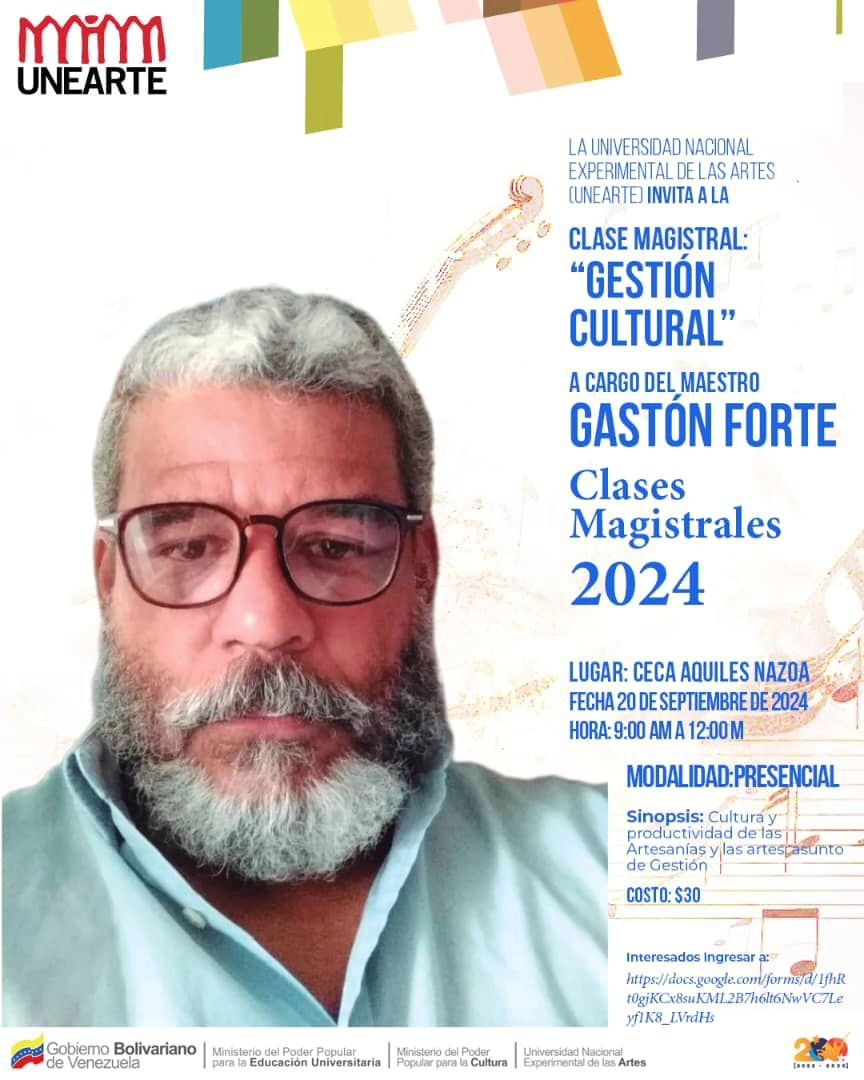 La Universidad Nacional Experimental de las Artes (Unearte)
Te invita a participar en las Clases Magistrales que se impartirán 
en el Centro de Estudios y Creación Artística “Aquiles Nazoa” Infórmate <a href="/CulturasUNEARTE/">UNEARTE</a>