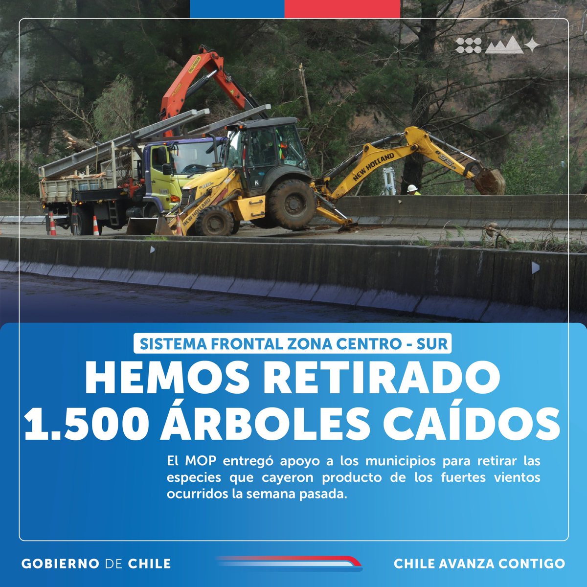 Desde el inicio de la emergencia provocada por el sistema frontal en la zona centro-sur, hemos retirado un total de 1.500 árboles caídos. 

Los equipos de la Dirección de Vialidad han estado trabajando arduamente para apoyar a los municipios en la remoción y limpieza de rutas y