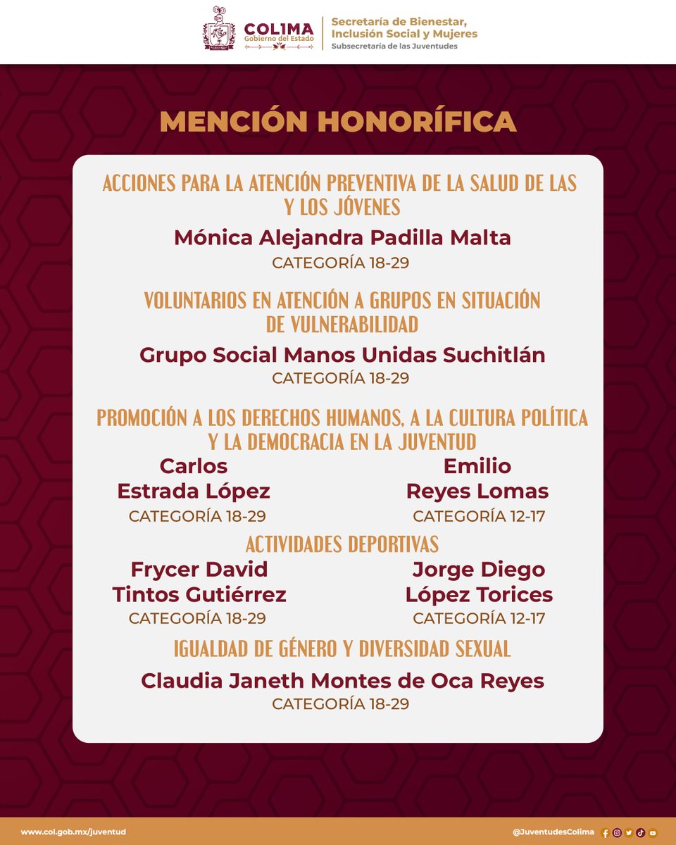 juventudeColima's tweet photo. ¡Recién Saliditos! 

Ya están listos los resultados de las y los nuevos ganadores del Premio Estatal de la Juventud 2024.

 El máximo galardón que otorga @gobiernocolima a las juventudes y que será entregado en el majestuoso Teatro Hidalgo.

¡Muchas felicidades, jóvenes! https://t.co/GgEneqmii9