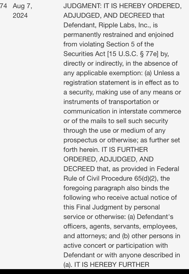 I see lots of questions re what the injunction means for ODL sales. I don't see it changing the status quo AT ALL, for the following reasons:

1. As Ripple has stated, the majority of its XRP and ODL sales are outside the U.S. jurisdiction and not subject to the ruling. Those