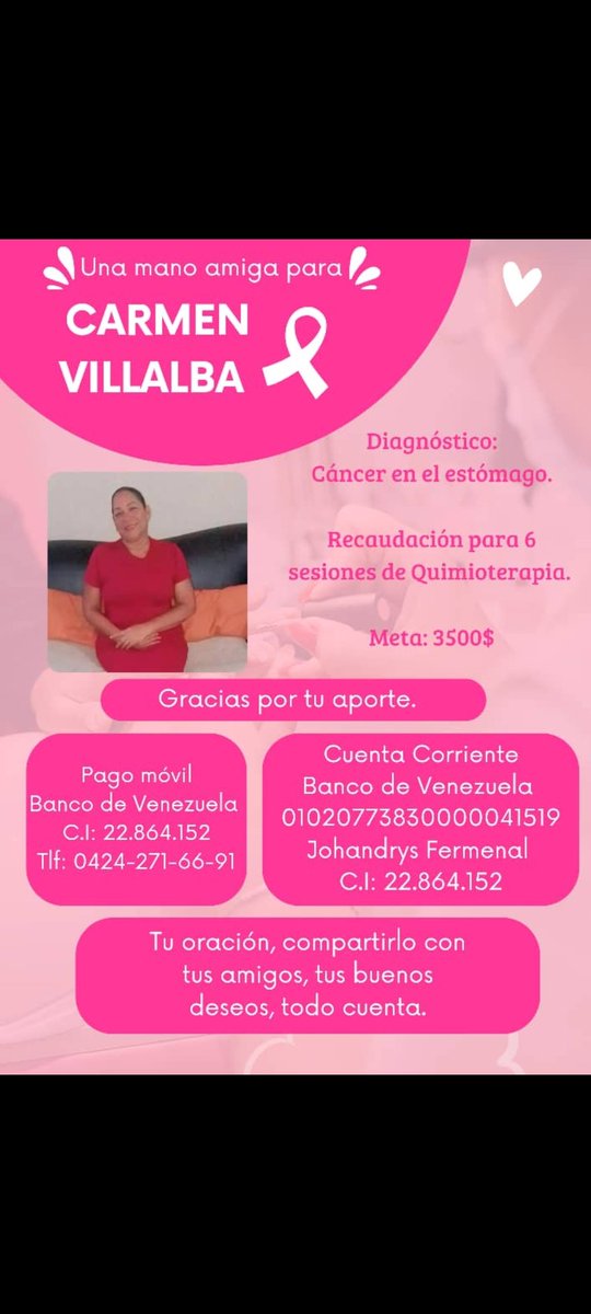 Por favor, si hay alguien que pueda ayudar para poder realizar el tratamiento de Quimio. Pueden ayudar con un RT.