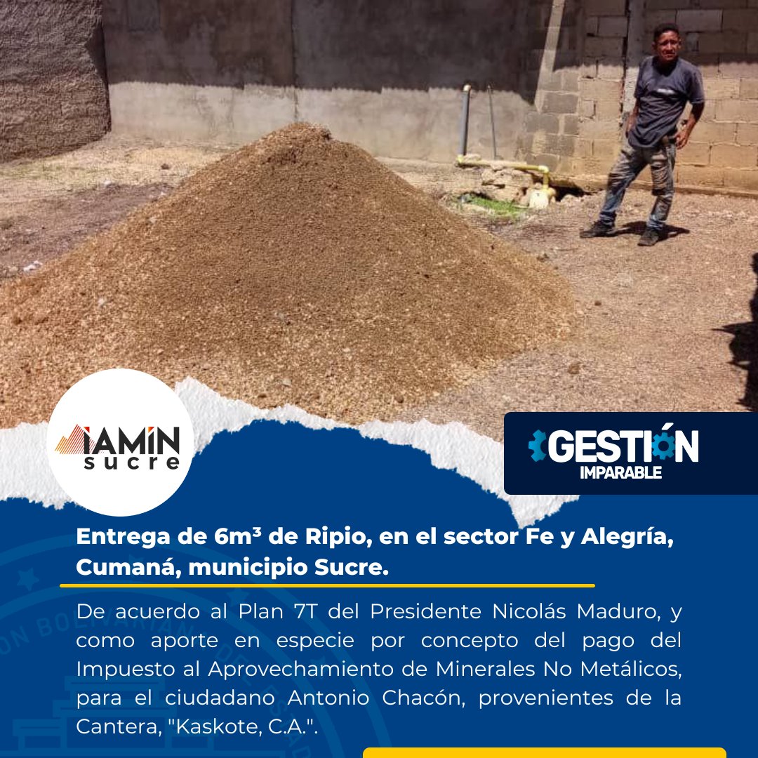#07Ago| En cumplimiento del Plan 7T del Pdte. <a href="/NicolasMaduro/">Nicolás Maduro</a>, se entregaron 6m³ de Ripio provenientes del Operador Minero Kaskote C.A., en el sector Fe y Alegría, Cumaná, mcpio #Sucre.
@GPintoVzla