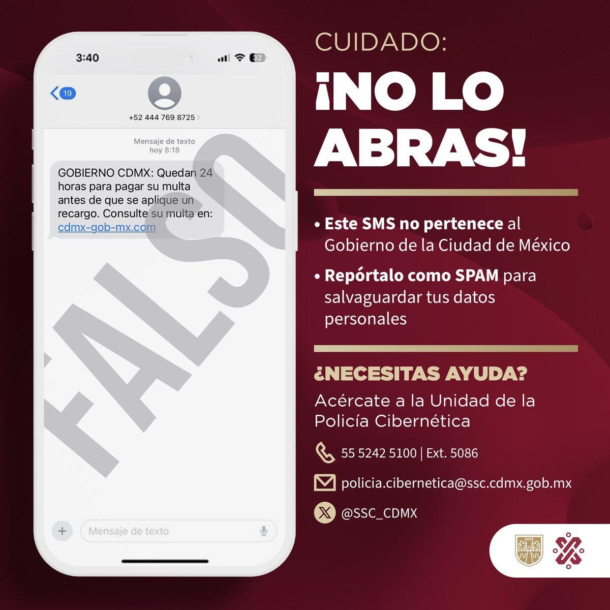 Cuidado si te llega este mensaje. El <a href="/GobCDMX/">Gobierno de la Ciudad de México</a> alertó a los usuarios sobre un SMS relacionado con el pago de multa, y recomienda no entrar al enlace del SMS, pues se trata de una estafa para robarte información o acceder a tu WhatsApp. ¿Te ha llegado?