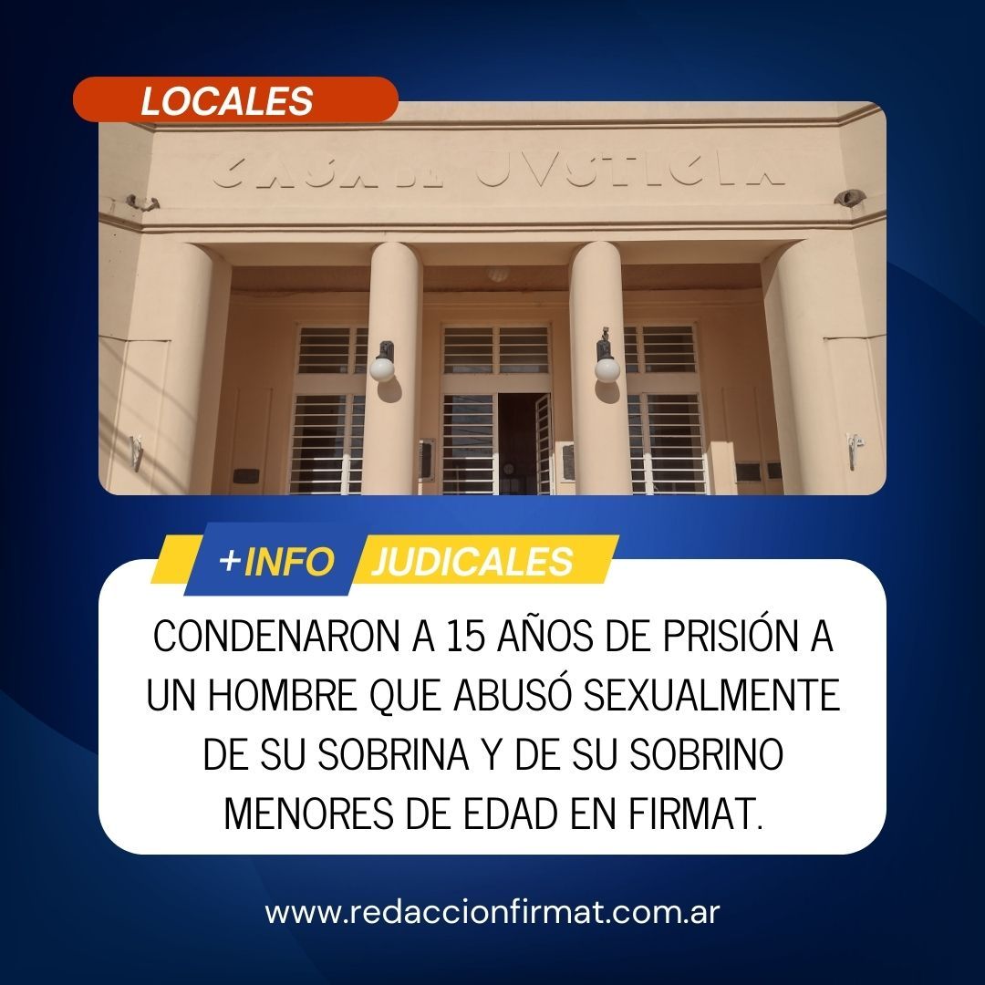 +INFO #Judiciales #Firmat
El condenado tiene 42 años y es el tío materno de las víctimas. La sentencia fue dispuesta en el marco de un juicio oral que finalizó esta mañana en los tribunales de Melincué. 
buff.ly/46Ho4Pk