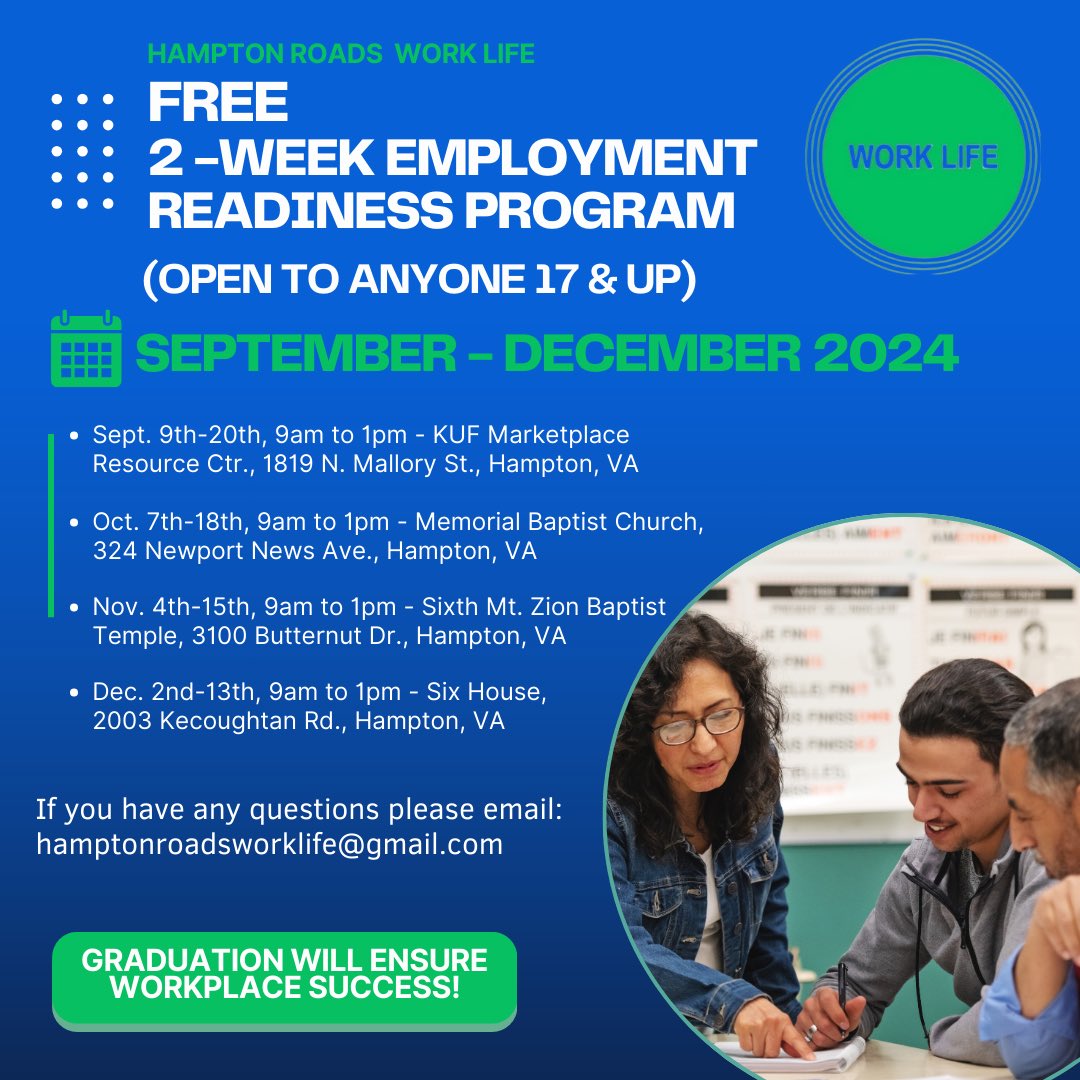 ChandaJEpps's tweet photo. Free employment readiness program. For more info contact:
Hamptonroadsworklife@gmail.com https://t.co/oao2Zt5611