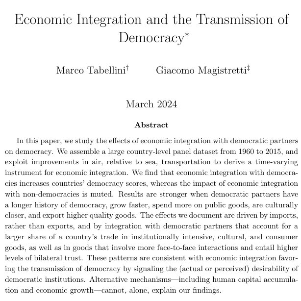``Democratic values and institutions travel across countries through economic integration with democratic partners".

New paper from Tabellini and Magistretti:

restud.com/economic-integ…