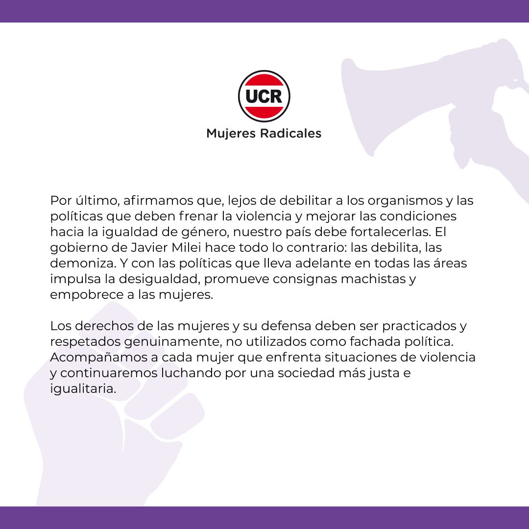 Las Mujeres Radicales, unidas por la histórica lucha  x los derechos de  las mujeres argentinas, repudiamos los actos de violencia física y psicológica denunciados por Fabiola Yáñez de parte de Alberto Fernandez, que evidenciarían un brutal abuso de poder. <a href="/UCRNacional/">Unión Cívica Radical</a>