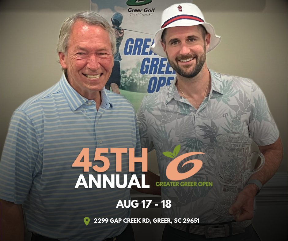 🏌🏽‍♂️There's still time to register for the 45th Annual Greater Greer Open on August 17-18 at Greer Golf! Entry fee is $140 (green fee, cart fee, and Saturday lunch included). There will be a Championship and Senior Division. ⛳️
To register visit: bit.ly/3yHjGD4