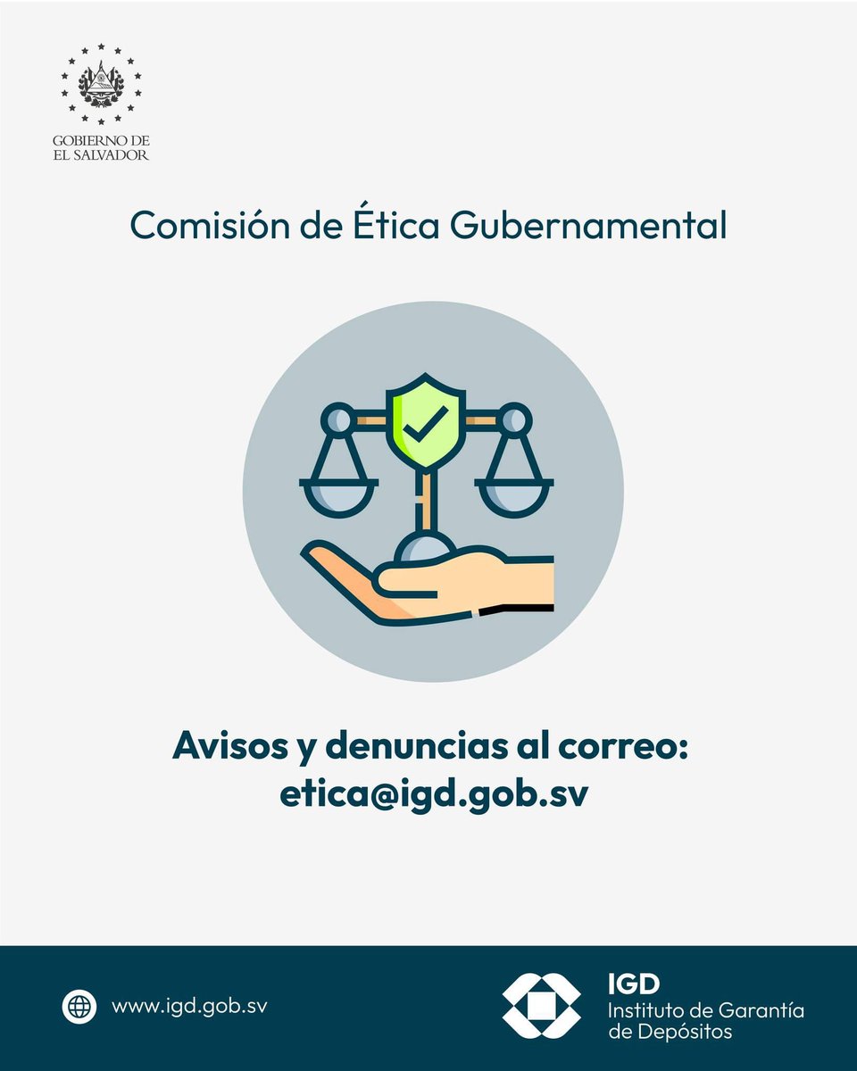IGD_SV's tweet photo. ¡Nuestro Instituto cuenta con una Comisión de Ética Gubernamental! 📚👩‍⚖️

Los servidores públicos del #IGDSV estamos sujetos al cumplimiento de la "Ley de Ética Gubernamental". 

Para avisos y denuncias puedes contactarte al correo: etica@igd.gob.sv. ✉️
#GarantíaDeDepósitosSV https://t.co/JhxT2Uzs5U