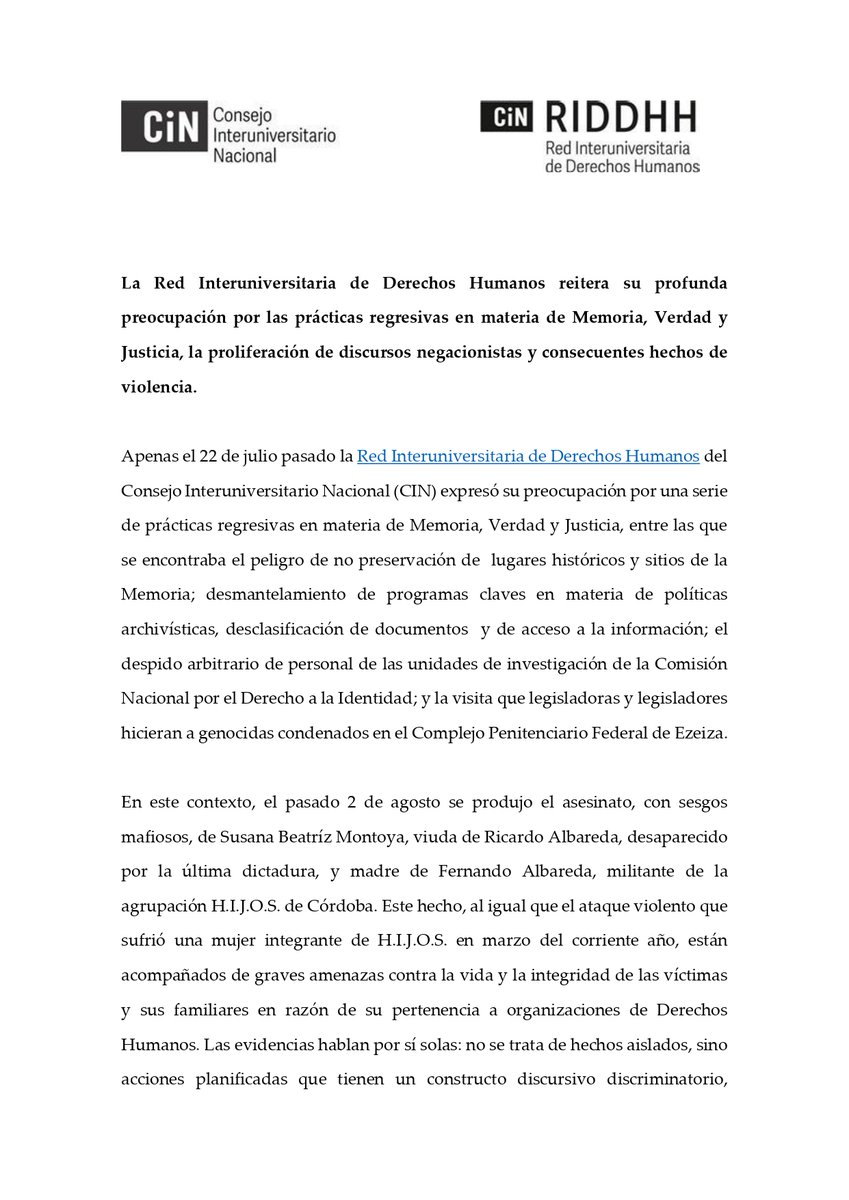 ddhhunicen's tweet photo. La Red Interuniversitaria de Derechos Humanos reitera su profunda preocupación por las prácticas regresivas en materia de Memoria, Verdad y Justicia, la proliferación de discursos negacionistas y consecuentes hechos de violencia. https://t.co/7IlxA70TP1