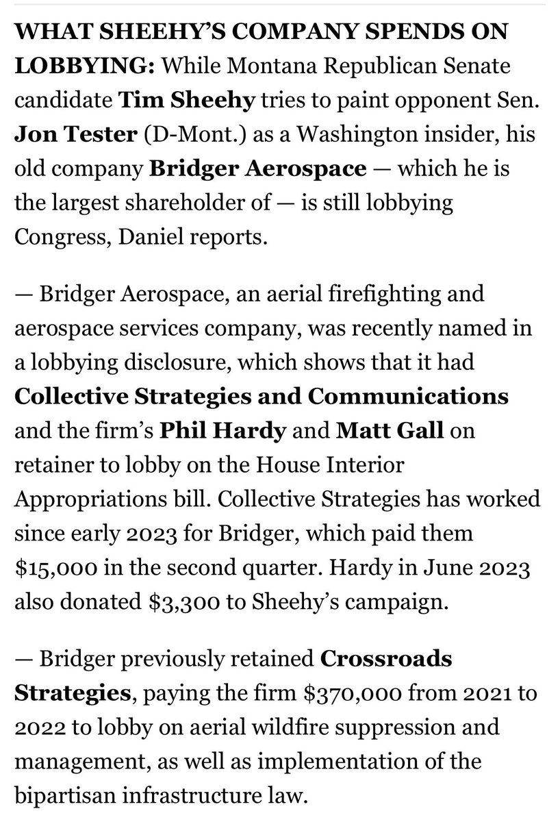 HannahRehm_'s tweet image. New reporting from @dlippman revealed that Tim Sheehy’s ties to lobbying continue to grow. 

His company spent $370K on lobbying in one year — and he’s hired lobbyists on retainer who were also donating thousands of dollars to Sheehy’s campaign. #mtsen