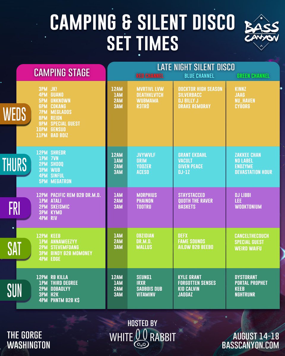 BassCanyon's tweet photo. Your camping and silent disco set times are here! Get ready for 5 days of Bass at The Pivot, presented by @WhiteRabbitGrp 🙌 https://t.co/xurTurELRg