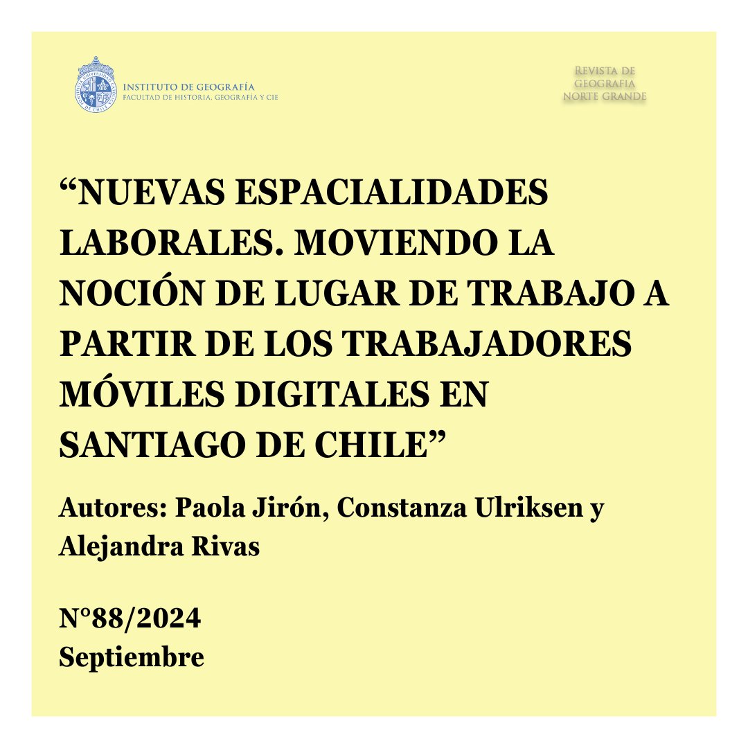 Instituto de Geografía UC (@geografia_uc) on Twitter photo 📗 Los invitamos a leer uno de los artículos de la nueva edición (N°88) de nuestra Revista de Geografía Norte Grande. Sus autores: <a href="/PaolaJiron2/">Paola Jirón</a>, Alejandra Rivas y Constanza Ulriksen.
👉Los detalles, en el link a continuación:
revistanortegrande.uc.cl/index.php/RGNG… 📗 Los invitamos a leer uno de los artículos de la nueva edición (N°88) de nuestra Revista de Geografía Norte Grande. Sus autores: <a href="/PaolaJiron2/">Paola Jirón</a>, Alejandra Rivas y Constanza Ulriksen.
👉Los detalles, en el link a continuación:
revistanortegrande.uc.cl/index.php/RGNG…