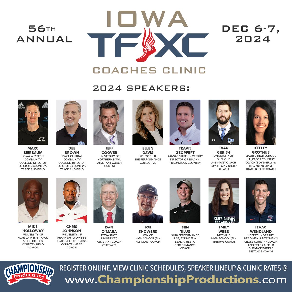 🔥🔥The <a href="/Olympics/">The Olympic Games</a> have us excited for the 56th annual IA TF/XC Coaches Clinic!🏃🏃‍♂️🏃‍♀️ 🥇🥈🥉
🏃🏃‍♂️🏃‍♀️🔥🔥Pre-registration is open now for the clinic &amp; for the annual <a href="/iatfcc/">Iowa Association of Track Coaches</a> /IATO Hall of Fame Banquet;⭐️⭐️⭐️⭐️⭐️championshipproductions.com/cgi-bin/champ/…
#learnfromthebest #becomeyourbest