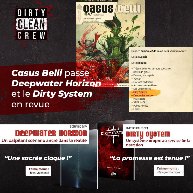 LazarBaruk's tweet image. Il y a quelques mois paraissait la version PDF de Casus Belli 47 où Deepwater Horizon et le Dirty System étaient mis à l'honneur. CB est désormais en kiosque : jugez sur pièce... ou optez directement pour les ouvrages sur notre boutique - label-dcc.games/shop/