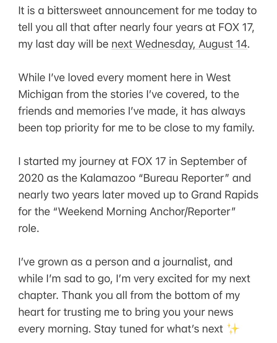 LIFE ANNOUNCEMENT: It is a bittersweet announcement for me today to tell you all that after nearly four years at <a href="/FOX17/">FOX 17</a>, my last day will be next Wednesday, August 14.