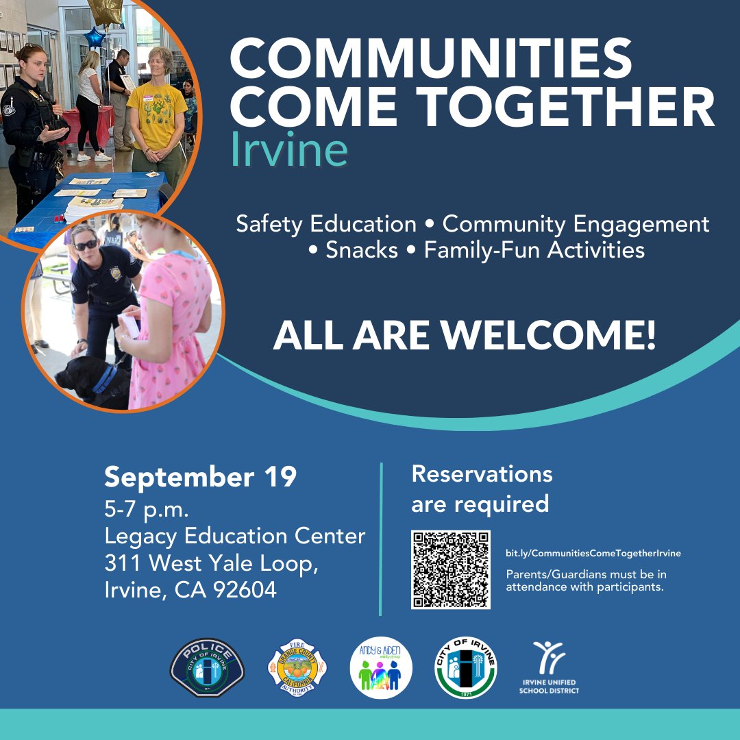 Join us for Communities Come Together Irvine, on Sept 19, 5-7 p.m. at Legacy Education Center. Meet community helpers, learn safety tips, enjoy snacks &amp; more! Parents/guardians must attend. RSVP required: bit.ly/CommunitiesCom…. See you there! 💙 #IUSD #IUSDCommunity